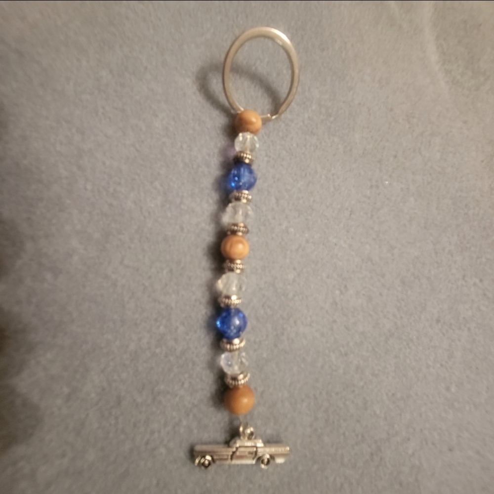 Handcrafted Silver, Blue, and Brown Car Charm Key Ring